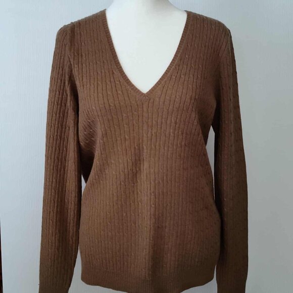JCrew Brown V-neck cable knit wool cashmere blend pullover, size L - Picture 1 of 15